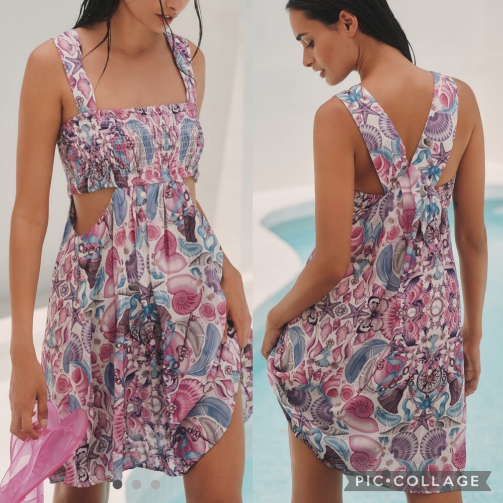 NWT : Anthropologie Celandine Floral Shells Smocked Cutout Mini Dress Large Flow